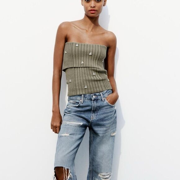 Zara jewel beaded off the shoulder knit top - Picture 1 of 7